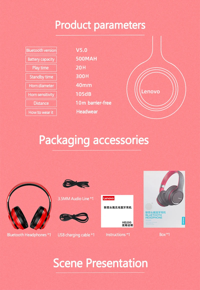 Lenovo HD200 Wireless Bluetooth Headphones,
 Foldable HIFI Stereo Noise Cancelling Headphones.