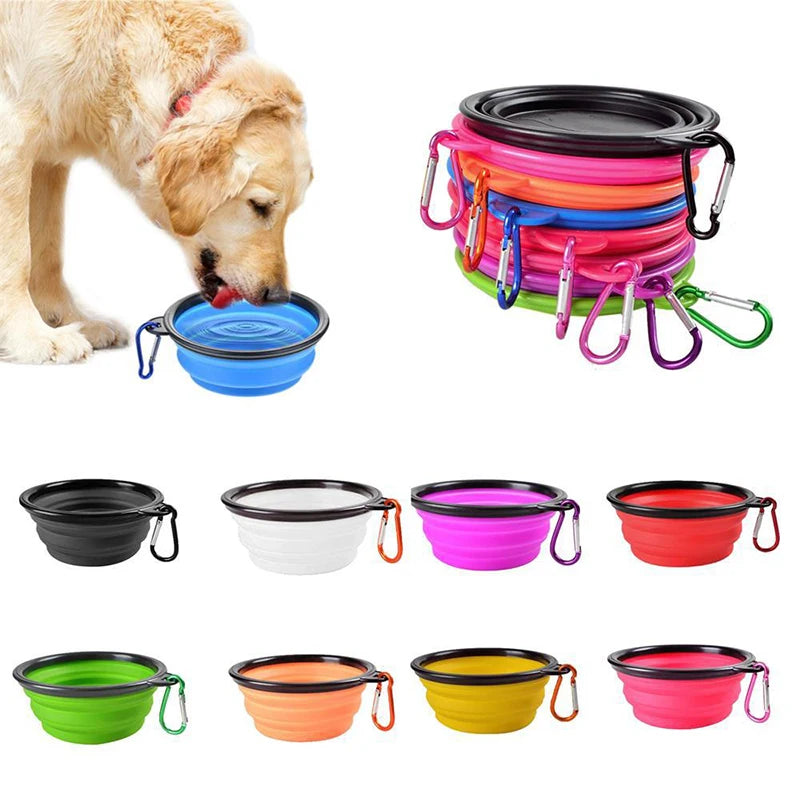 Mangiatoia portatile pieghevole in silicone per animali, ideale per i viaggi all'aperto, con comodo moschettone.