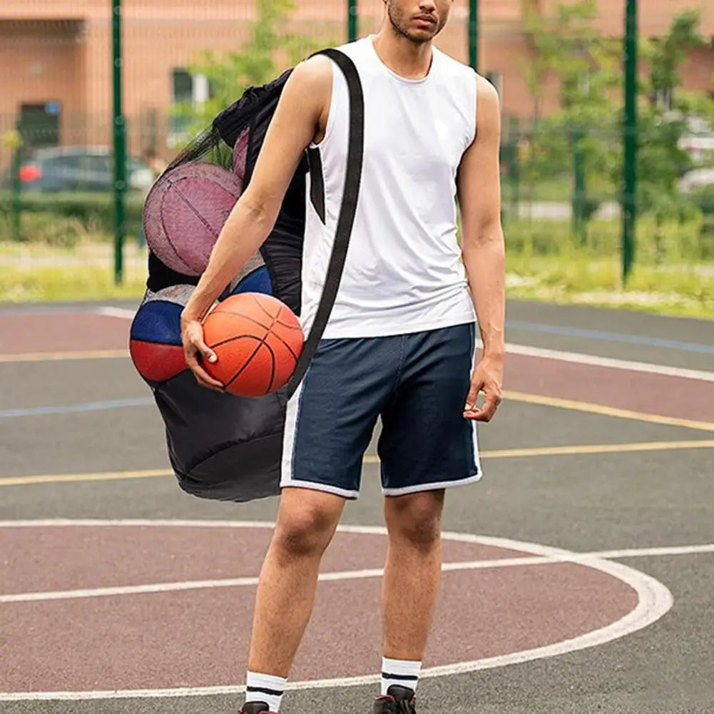 Sports ball bag with adjustable shoulder strap and net bag for sports equipment