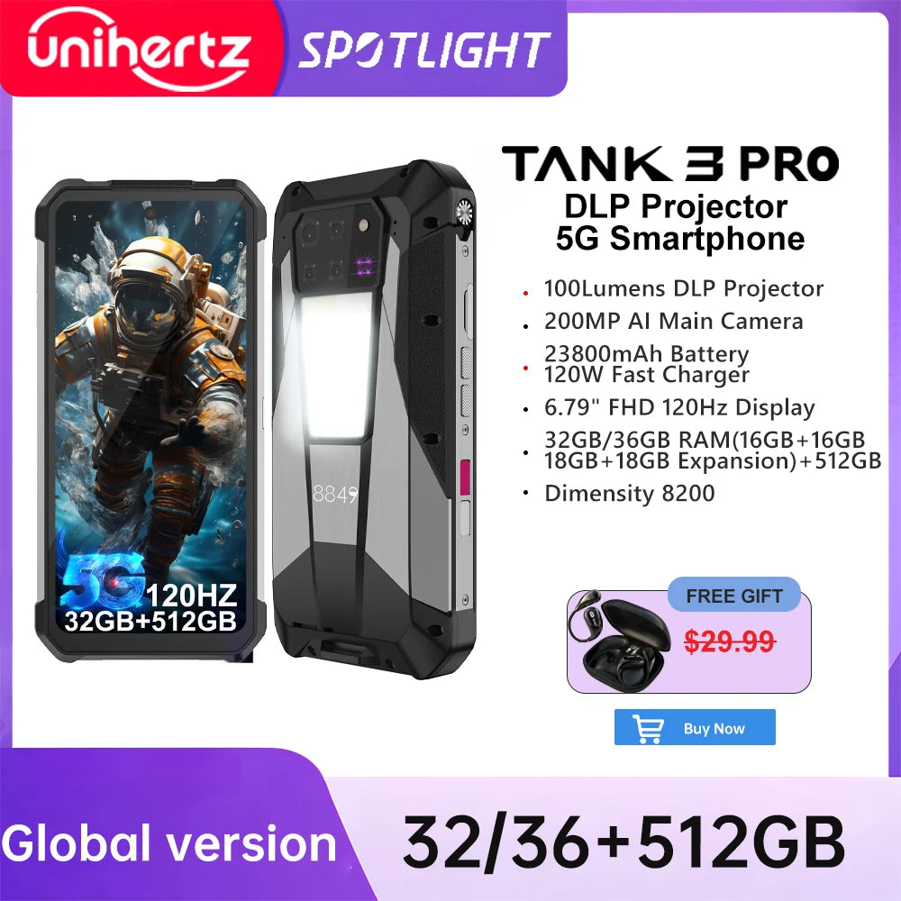 Rugged phone, Unihertz Tank 3 Pro 8849 Led torcia a 100 Lumens, 5G, Proiettore autoregolato,  phone, Ram 32GB/36GB ,512GB ROM, batteria 23800mAh 120W,200MP, NFC, bluethoot, wify, camera infrarossi per riprese notturne