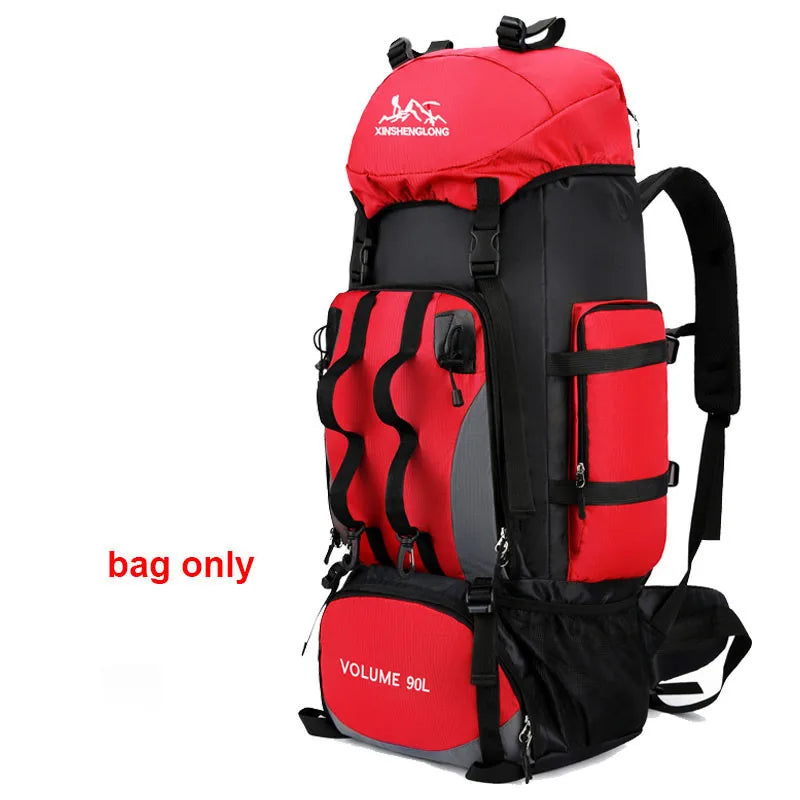 90L waterproof trekking backpack ideal for camping, hiking and outdoor activities. Includes a cover