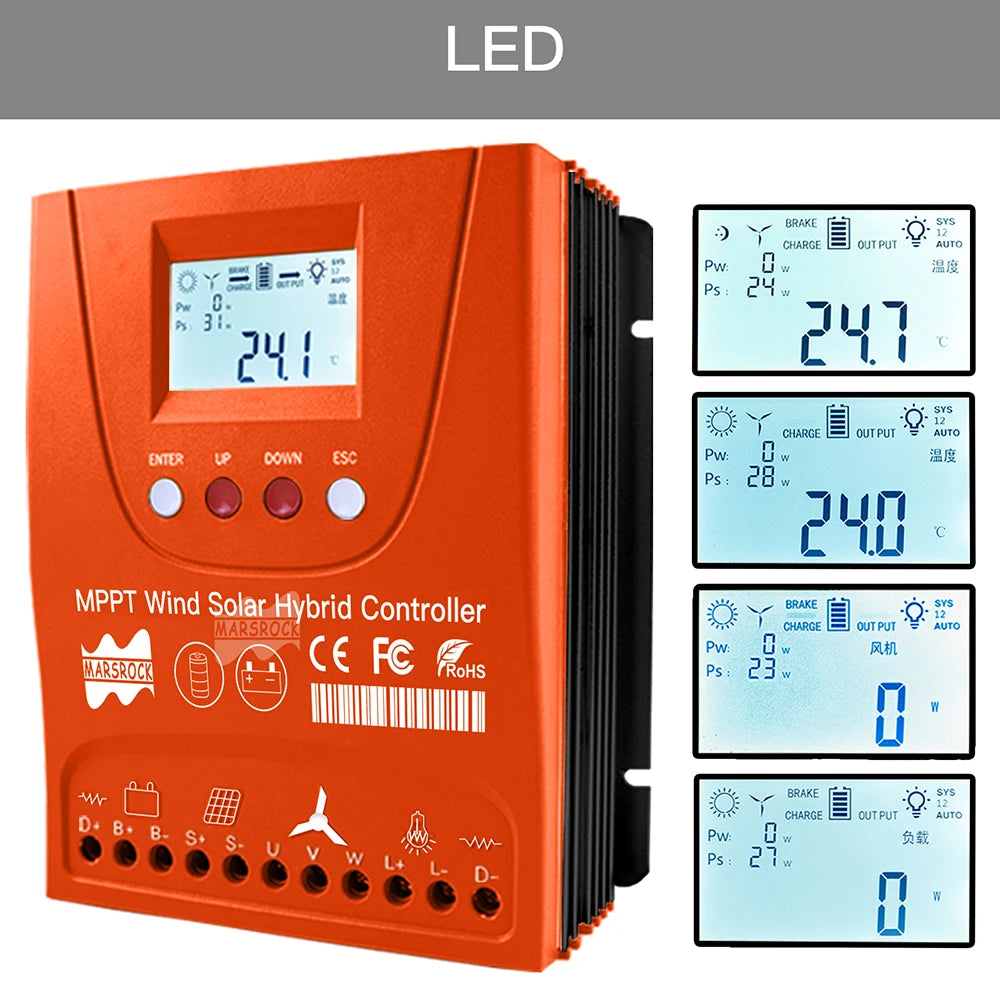 Controlador Mppt para híbrido solar/eólico hasta 3kw con WiFi ajustable para 12V,24V,48V con display LCD, específico para baterías Lifepo4. Se usa via Bluethoot derecto en app. Para swithc, o tanbien off grid