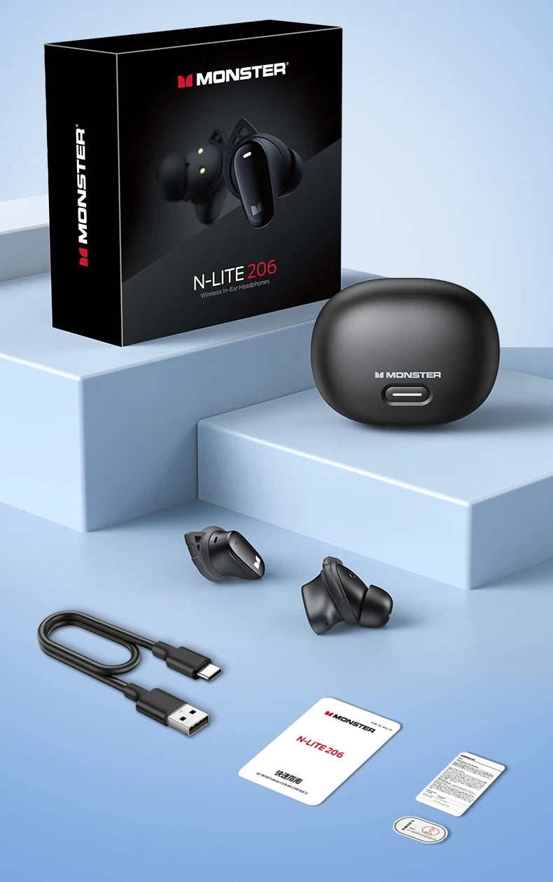 Monster Earbuds N-LITE 206 Cuffie Bluetooth 5.4, cuffie sportive wireless con microfono, controllo touch, cancellazione del rumore, impermeabili.