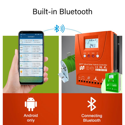 Controlador Mppt para híbrido solar/eólico hasta 3kw con WiFi ajustable para 12V,24V,48V con display LCD, específico para baterías Lifepo4. Se usa via Bluethoot derecto en app. Para swithc, o tanbien off grid