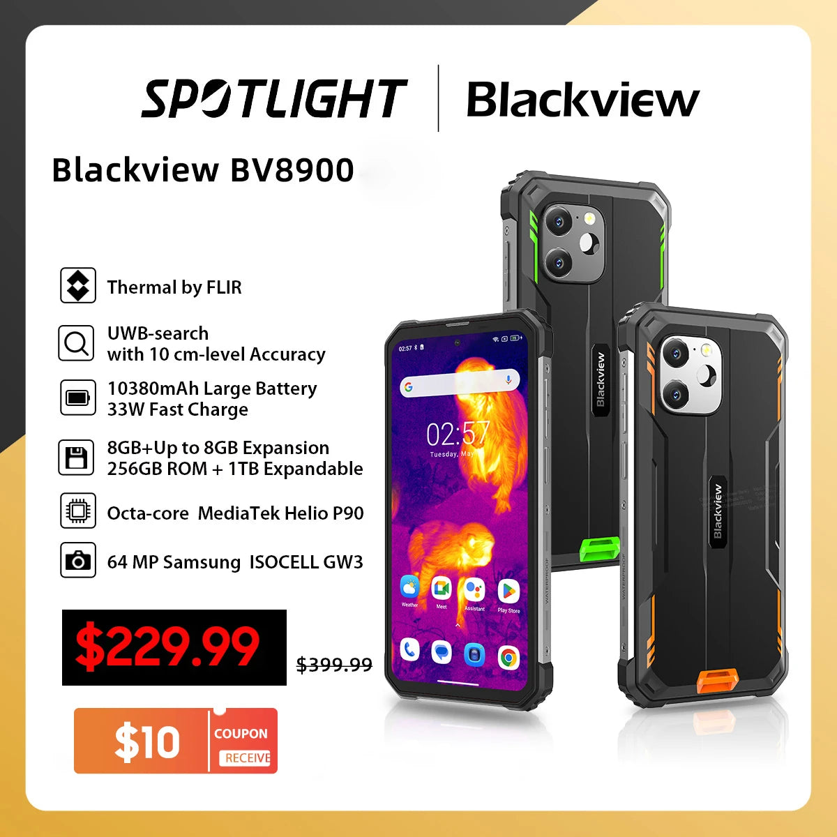 Rugged Smartphone Blackview BV8900  sistema operativo Android 13, 2.4K Display,16GB+ 256GB memoria, con processore Helio P90, con Thermal By FLIR®