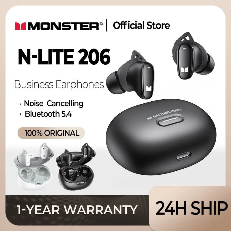 Monster Earbuds N-LITE 206 Cuffie Bluetooth 5.4, cuffie sportive wireless con microfono, controllo touch, cancellazione del rumore, impermeabili.