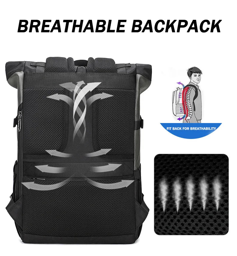 Large capacity backpack, ideal as a travel bag and for everyday life.
 Water resistant.