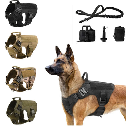 Conjunto de arnes tactico militar con correa para perros grandes. Disponible en varios tamaños,  y en dos variantes.