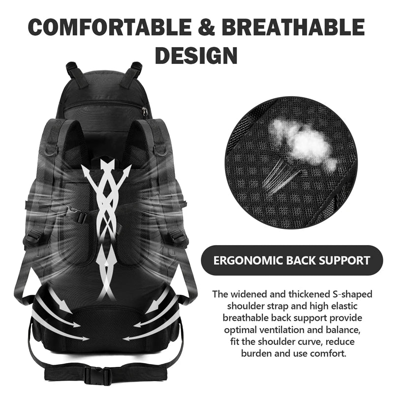 Mochila de trekking de 90 L resistente al agua ideal para camping, senderismo y actividades al aire libre. Incluye funda