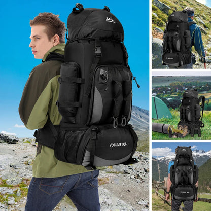 90L waterproof trekking backpack ideal for camping, hiking and outdoor activities. Includes a cover