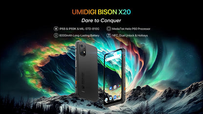 Rugged phone, UMIDIGI BISON X20, processore MTK Helio P60 Octa-Core ram 6GB rom 128GB schermo 6.53" HD, Android, 13 6000mAh Battery, NFC. con tasti configurabili, sistema di allerta rapida sms. subacqueo, con camera. Antiur