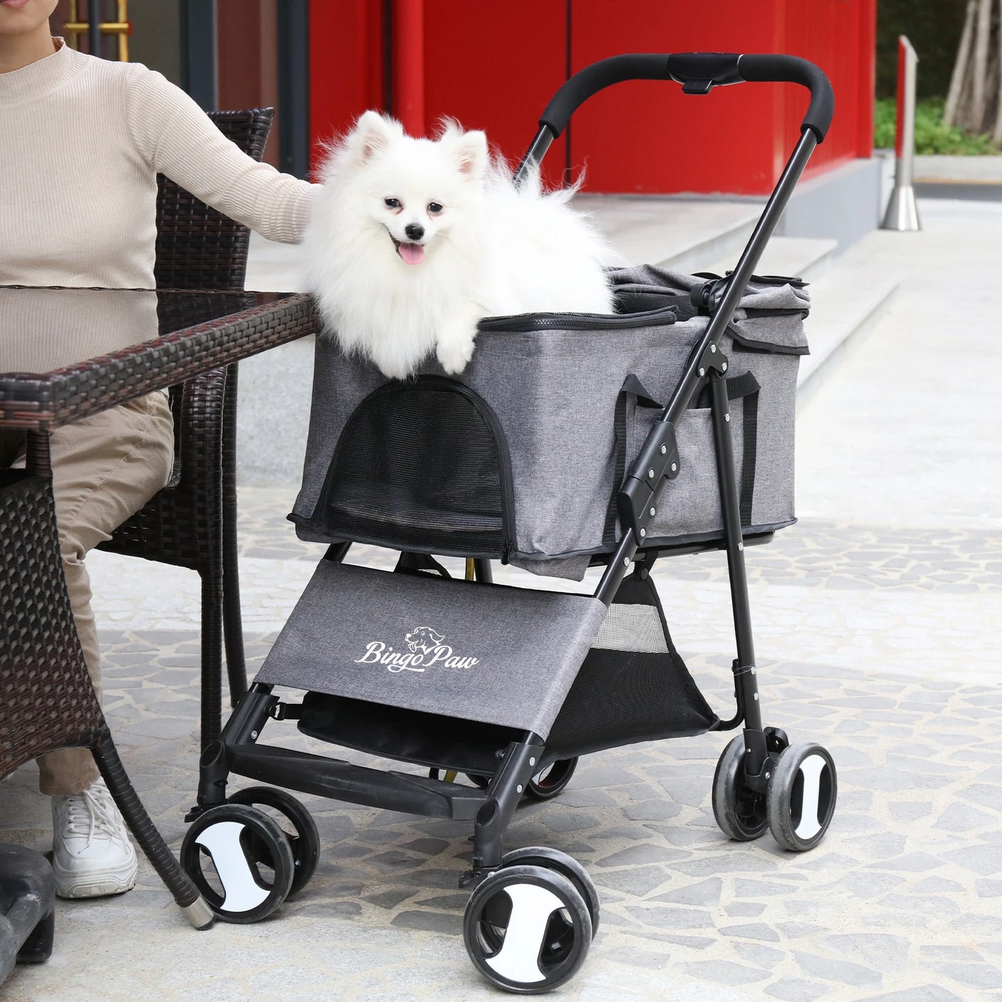 Cochecito para mascotas grandes, de viaje con transportín desmontable Plegable y con protector de lluvia, carga 30 kg.