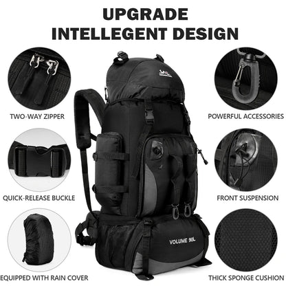 90L waterproof trekking backpack ideal for camping, hiking and outdoor activities. Includes a cover