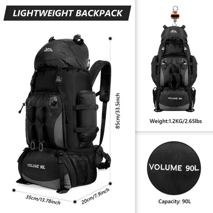 90L waterproof trekking backpack ideal for camping, hiking and outdoor activities. Includes a cover