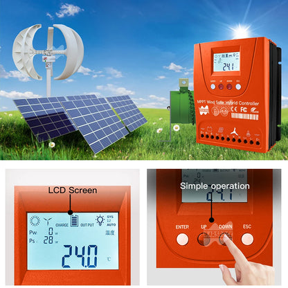 Controlador Mppt para híbrido solar/eólico hasta 3kw con WiFi ajustable para 12V,24V,48V con display LCD, específico para baterías Lifepo4. Se usa via Bluethoot derecto en app. Para swithc, o tanbien off grid