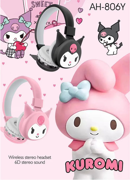 Sanrio Hello Kitty and Kuromi wireless headphones, with Bluetooth and microphone, lightweight and foldable, ideal for phones and laptops.