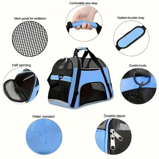 Borsa trasportino portatile per cani e gatti, con rete traspirante, disponibile in varie misure.