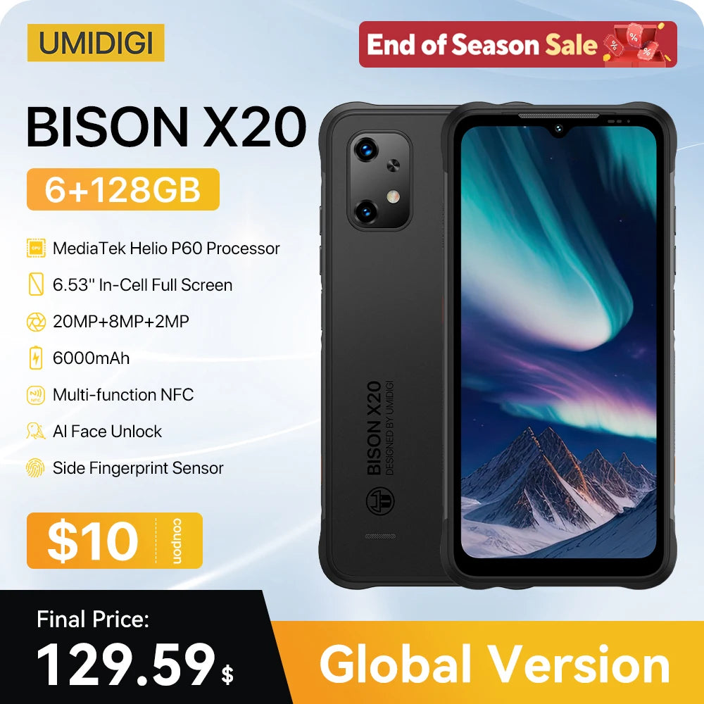 Rugged phone, UMIDIGI BISON X20, processore MTK Helio P60 Octa-Core ram 6GB rom 128GB schermo 6.53" HD, Android, 13 6000mAh Battery, NFC. con tasti configurabili, sistema di allerta rapida sms. subacqueo, con camera. Antiur