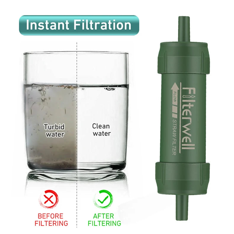 Mini filtro purificador de agua ideal para llevar en el kit de supervivencia.