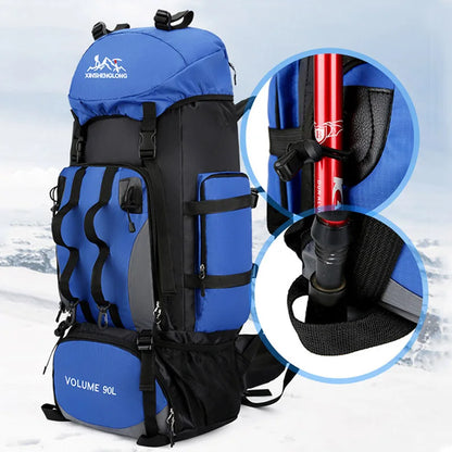 90L waterproof trekking backpack ideal for camping, hiking and outdoor activities. Includes a cover