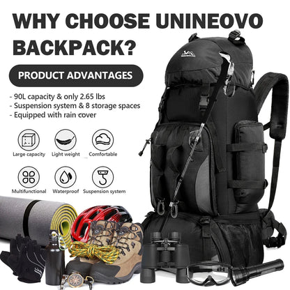 90L waterproof trekking backpack ideal for camping, hiking and outdoor activities. Includes a cover