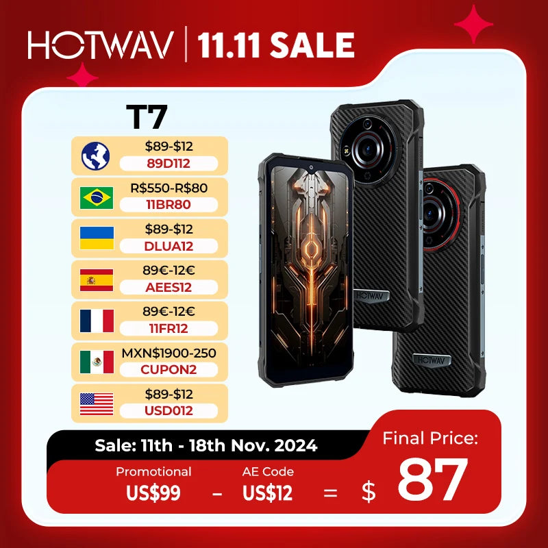 HOTWAV T7 Rugged Smartphone 6.52'' HD+ Ultra Thin 6280mAh Battery MobilePhone 21MP Rear Android 13 Cellphone, ideale per outdoor, trekking, sport