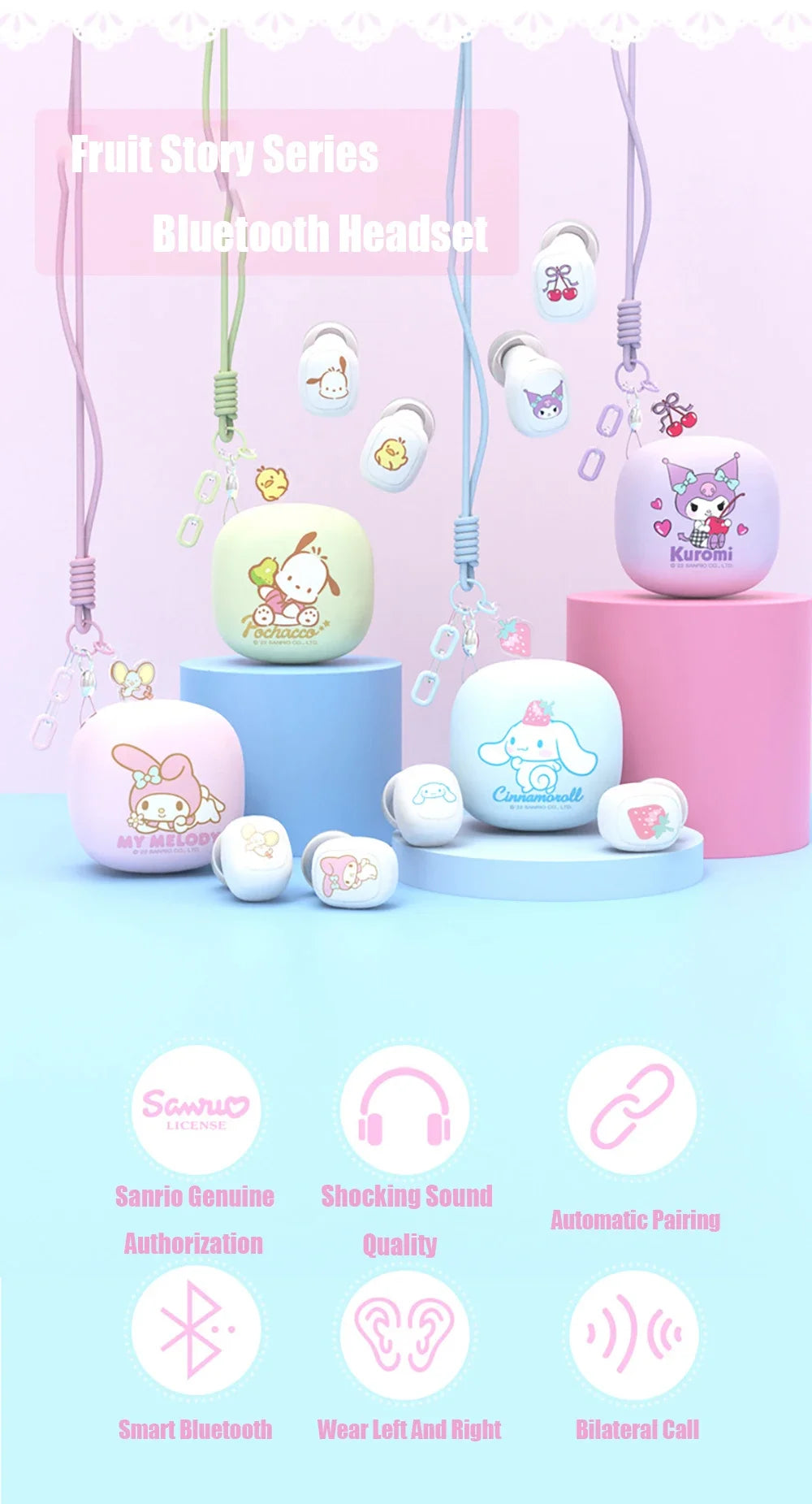 Cuffie wireless Sanrio Hello Kitty, cuffie Bluetooth, Kuromi, My Melody, Cinnamoroll, con riduzione del rumore.