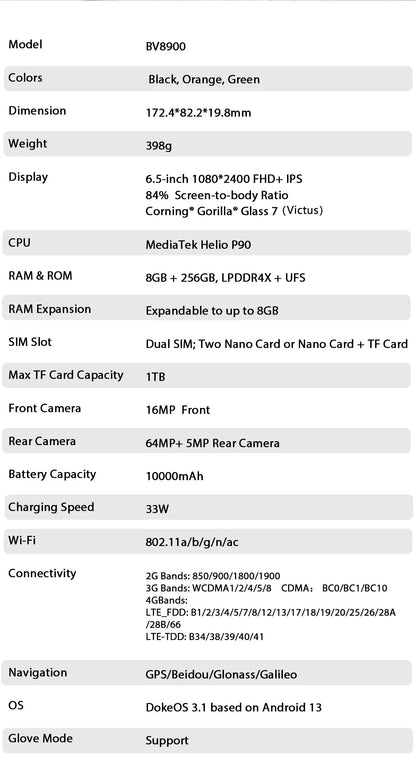 Rugged Smartphone Blackview BV8900  sistema operativo Android 13, 2.4K Display,16GB+ 256GB memoria, con processore Helio P90, con Thermal By FLIR®