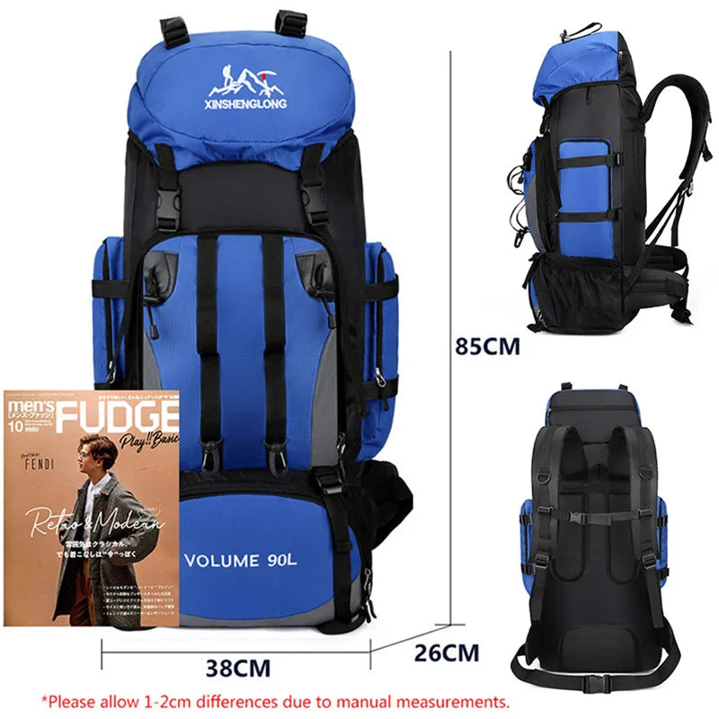 90L waterproof trekking backpack ideal for camping, hiking and outdoor activities. Includes a cover