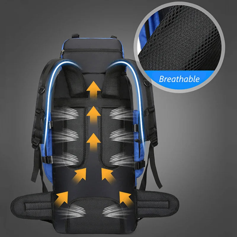 90L waterproof trekking backpack ideal for camping, hiking and outdoor activities. Includes a cover