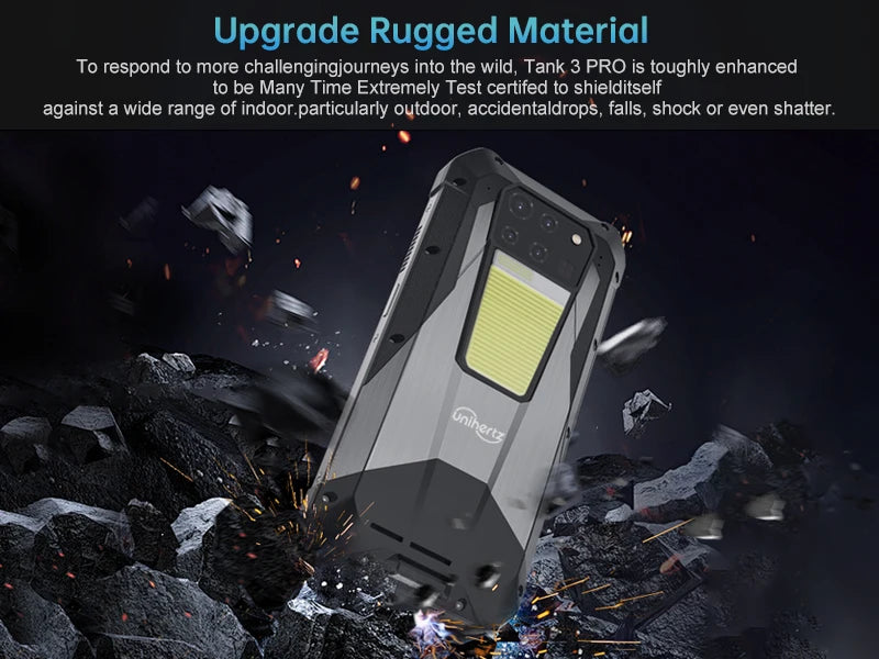 Rugged phone, Unihertz Tank 3 Pro 8849 Led torcia a 100 Lumens, 5G, Proiettore autoregolato,  phone, Ram 32GB/36GB ,512GB ROM, batteria 23800mAh 120W,200MP, NFC, bluethoot, wify, camera infrarossi per riprese notturne