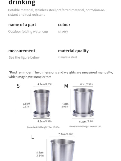 Bicchieri telescopici in metallo da campeggio all'aperto Bicchieri pieghevoli portatili in acciaio inossidabile.
 Formato: 75 ml/150 ml/250 ml