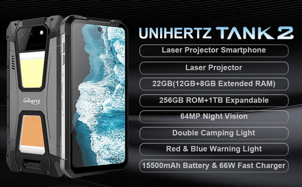 Rugged phone, Unihertz 8849 Tank 2, 22GB RAM 256GB ROM schermo con risoluzione 108MP, Camping Light, fotocamera 64MP, led Super Night Vision G99 batteria 15500mAh, Support SD TF card, e sistema di luci di emergenza a alta int