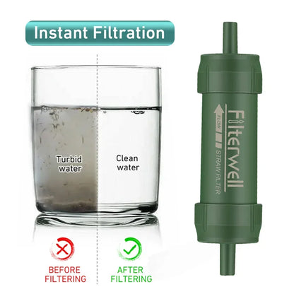 Mini filtro purificador de agua ideal para llevar en el kit de supervivencia.