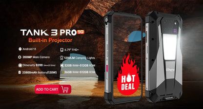 Rugged phone, Unihertz Tank 3 Pro 8849 Led torcia a 100 Lumens, 5G, Proiettore autoregolato,  phone, Ram 32GB/36GB ,512GB ROM, batteria 23800mAh 120W,200MP, NFC, bluethoot, wify, camera infrarossi per riprese notturne