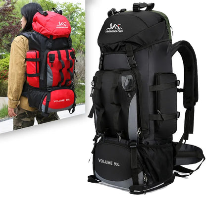 90L waterproof trekking backpack ideal for camping, hiking and outdoor activities. Includes a cover