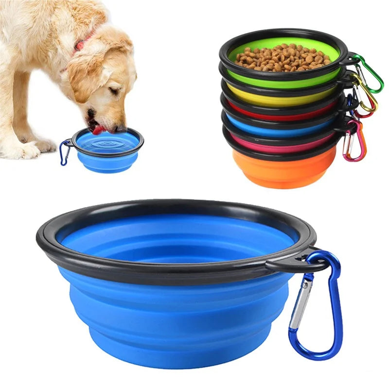 Mangiatoia portatile pieghevole in silicone per animali, ideale per i viaggi all'aperto, con comodo moschettone.