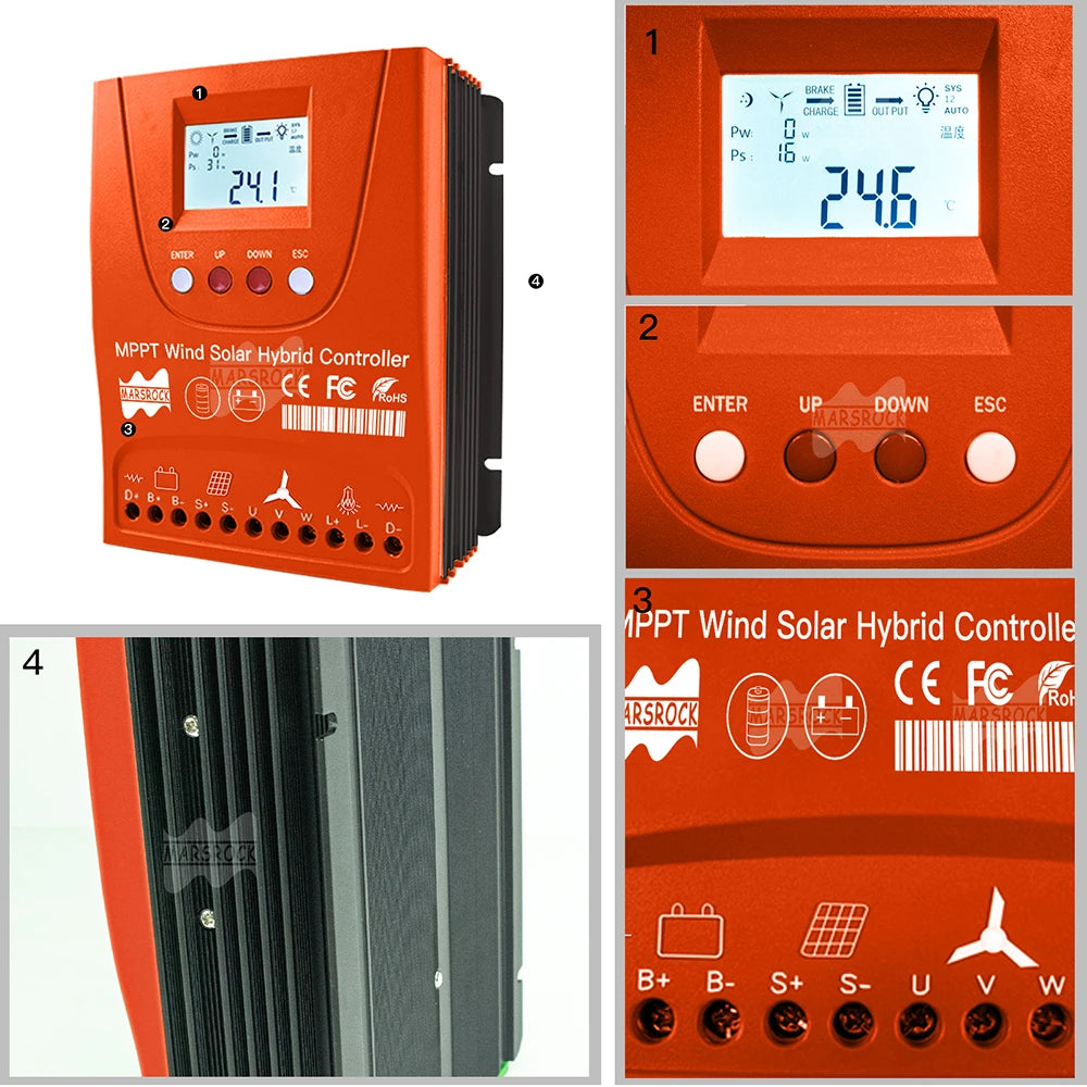 Controlador Mppt para híbrido solar/eólico hasta 3kw con WiFi ajustable para 12V,24V,48V con display LCD, específico para baterías Lifepo4. Se usa via Bluethoot derecto en app. Para swithc, o tanbien off grid