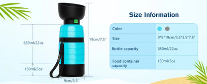 Bottiglia per animali 2 in 1 da 650 ml e contenitore per alimenti da 150 ml, ideale per viaggi e passeggiate all'aria aperta, trekking e campeggio.