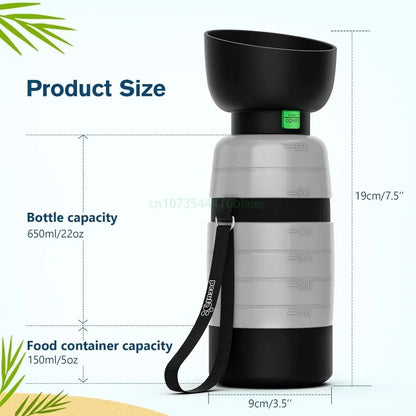 Bottiglia per animali 2 in 1 da 650 ml e contenitore per alimenti da 150 ml, ideale per viaggi e passeggiate all'aria aperta, trekking e campeggio.